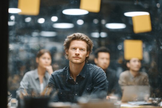 Man with colleagues in the office, surrounded by tasks and notes. Generative AI
