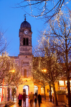 Christmas lights and Guild Hall at dusk, Derby, Derbyshire, England