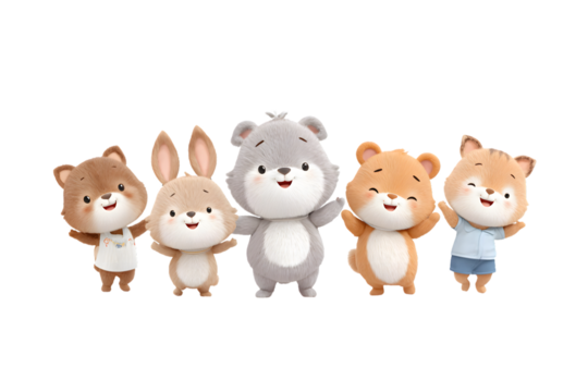 A group of animal mascots doing a fun morning dance together in front of the school, welcoming new students, 3d animation, isolated on a white background, in a simple style, with a transparent PNG