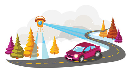 A self driving car navigating a snowy road guided by a lidar system in a winter landscape