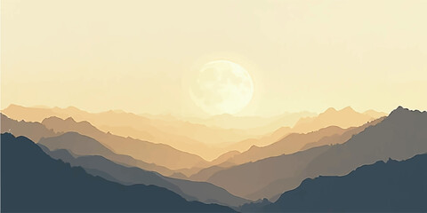 Sunrise and sunset over misty mountain landscape with blue sky and glowing horizon