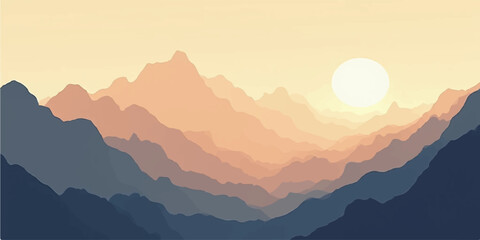 Golden Hour Mountain Landscape with Serene Mist and Layered Silhouette Horizon Lines