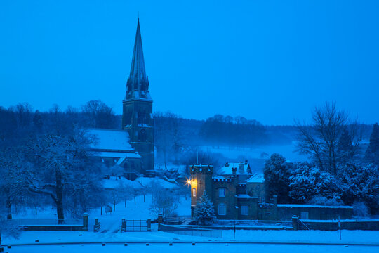 Edensor village and church in winter, Chatsworth Estate, Derbyshire, England