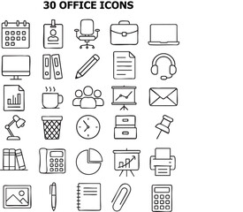 A diverse collection of 30 monochrome office icons representing various tools and elements found in modern workplaces for enhanced productivity and organization in tasks.