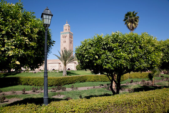 Koutoubia Mosque Minaret and Librairie Municipal, Marrakesh, Morocco, North Africa