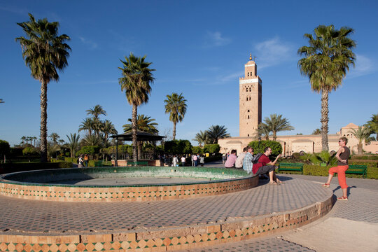 Koutoubia Mosque Minaret and Librairie Municipal, Marrakesh, Morocco, North Africa
