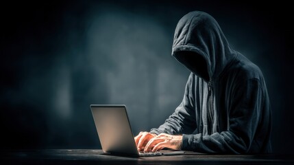 Mysterious Hacker Typing on Laptop in Dark Environment: A Captivating Visual of Cybersecurity and Digital Intrigue