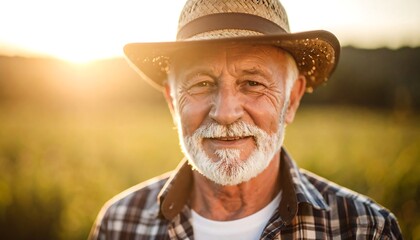 Fototapeta premium Senior man smiling in a field at sunset