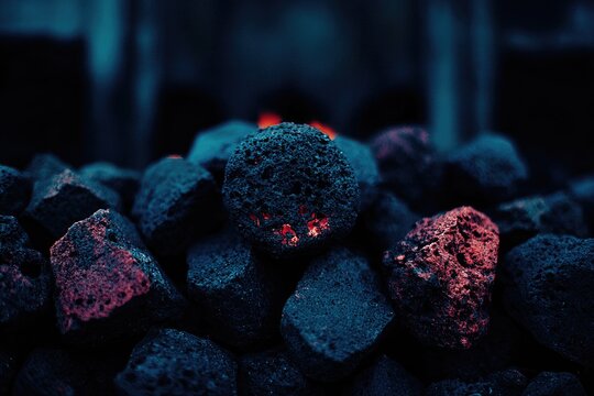 Close-up of glowing charcoal briquettes