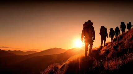 Fototapeta premium Adventurous Hikers Silhouetted Against a Stunning Sunset: Captivating Mountain Exploration Scene