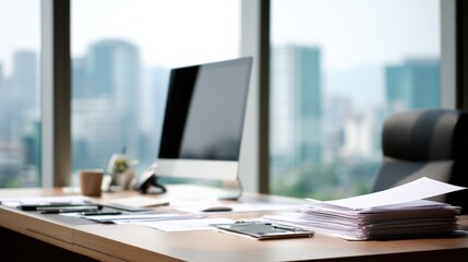 Modern Office Workspace with Computer and City View for Professional Use