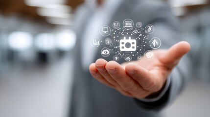 IT Consulting. Businessman holds digital consulting network connecting icon representing IT solutions, focusing on innovation, strategy, optimization, growth, and technology-driven success