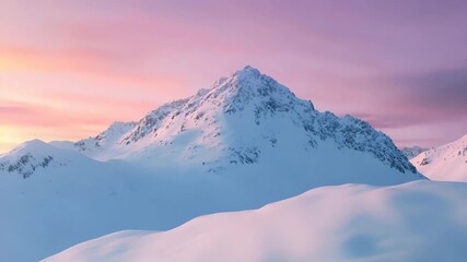 Snow-covered mountain under pastel sunrise with animated sky gradient, featuring calm loop and soft lighting - Powered by Adobe