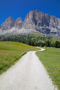 Sassolungo Group and path, Sella Pass, Trento and Bolzano Provinces, Italian Dolomites, Italy
