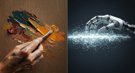 Human and Robot Hand Painting with Brush Isolated on cutout PNG background