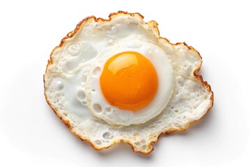 A single fried egg with a bright orange yolk isolated on white background