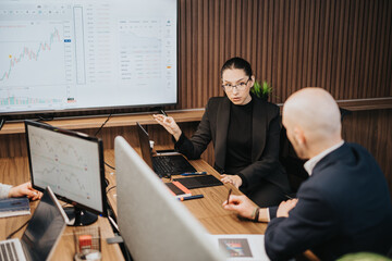 Business coworkers engaged in a collaborative discussion in a modern office. Featuring computer screens with data charts and graphs, sharing insights, teamwork, finance, and efficient communication.