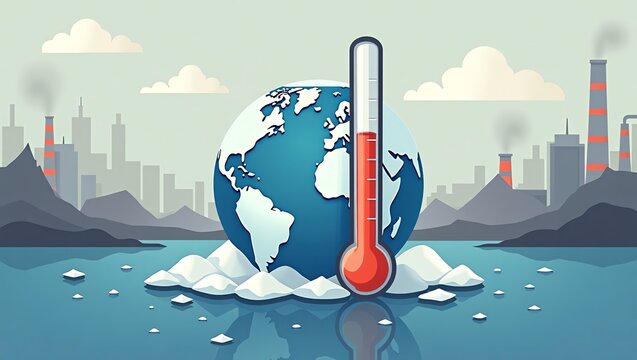 Conceptual illustration of global warming with planet Earth and a thermometer indicating rising temperatures, surrounded by melting ice and industrial pollution. - Powered by Adobe
