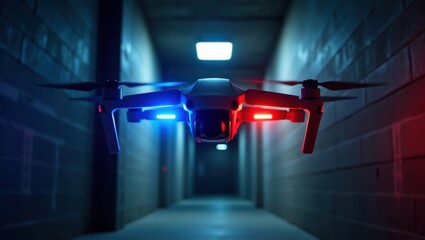 Un dron policial flotando silenciosamente en un callejón urbano poco iluminado, con luces LED azules y rojas brillantes parpadeando intensamente