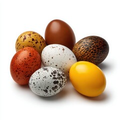 Assortment of Seven Different Colored Bird Eggs Keywords: bird eggs, speckled eggs, colorful