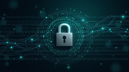 Futuristic cybersecurity concept with a digital padlock protecting data on a network with binary code background.
