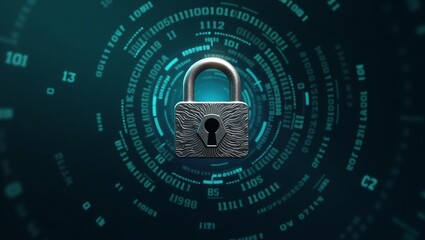 Cybersecurity and data protection concept with a digital padlock on a futuristic technology interface background