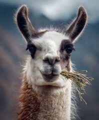 Obraz premium Llama Portrait with Grass in Mouth