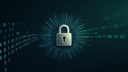 Cybersecurity concept showing a glowing padlock protecting digital data, illustrated with a stream of binary code in the background.