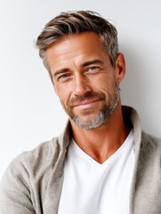 Obraz premium Confident Mature Man with Stylish Gray Hair and Warm Smile in Casual Attire