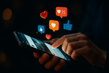 Person using smartphone with floating social media icons for likes, hearts, and thumbs up, symbolizing digital engagement and online interaction