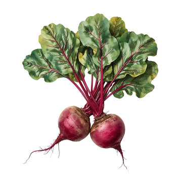 Vibrant depiction of fresh beets with leafy tops against an unadorned transparent setting