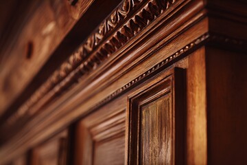 Elegant colonial woodwork features rich textures and warm tones under soft studio lighting.