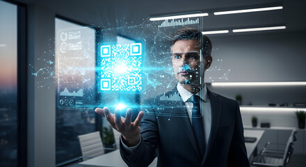 Business professional interacting with a futuristic digital interface with data analytics and business insights.