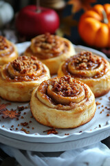 Fototapeta premium Cinnamon rolls on a plate with apples in the background.