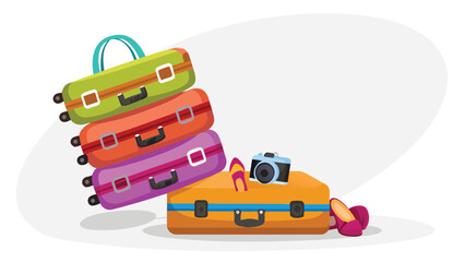 Stack of colorful suitcases with a camera and shoes ready for a vacation adventure trip abroad trip around the world