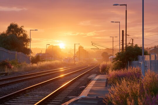 empty railway tracks glowing under warm golden hour sunlight. Generative AI