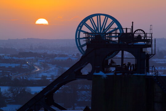 Former colliery headstocks at dawn, Pleasley, Derbyshire, England 