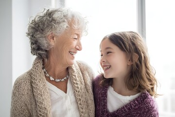 Granddaughter grinning happily with grandma in a cozy, sunny, modern home.
