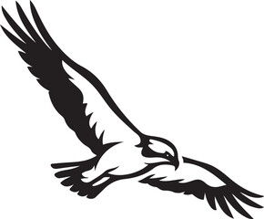 Soaring eagle silhouette with wide wingspan, Flying eagle design in black vector