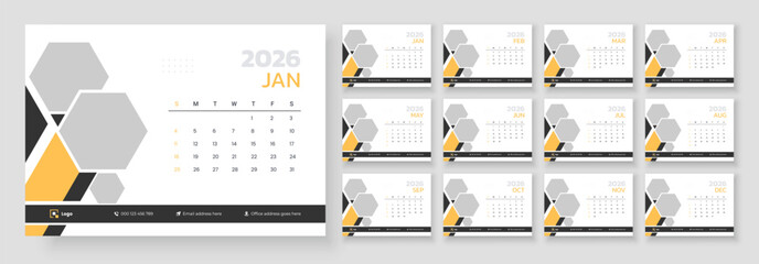 Desk calendar design template 2026. New year 2026 table calendar. Template for annual calendar 2026. Week start on Sunday.