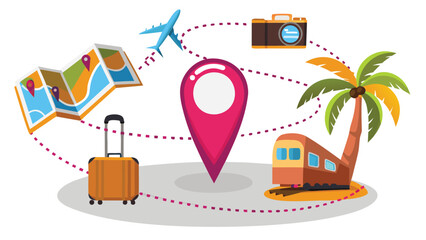 Illustration of travel icons including a map suitcase plane camera and train with palm tree destination