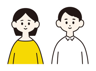 若い夫婦　正面上半身　シンプルでフラットなイラスト