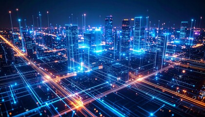 Futuristic city at night with digital connections