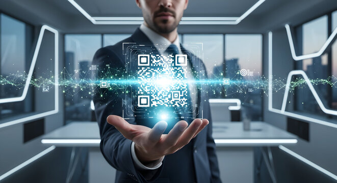 Man holding a QR code displayed digitally in a high-tech office, exploring digital transformation and technology solutions for businesses.