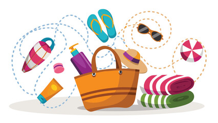 A colorful beach bag is filled with summer essentials like towels, sunscreen, hat and flip flops