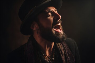 Rustic singer captivates with passion under gritty lighting.