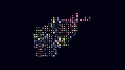 Afghanistan dotted animation. Shape of the country build of pulsating colored dots. Large size square blocks. Digital style map on dark background. Creative video.