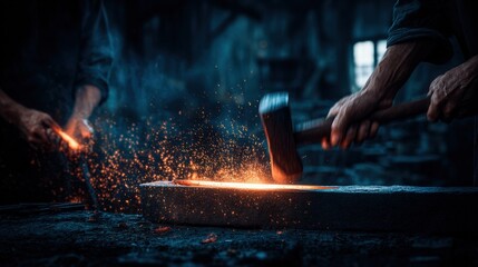 Artisan Blacksmith Crafting Metalwork with Sparks Flying in Dimly Lit Workshop