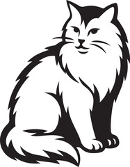 Black and white fluffy cat sitting illustration, Cat on white background vector graphic