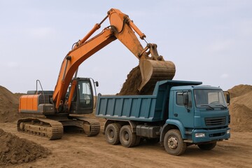 Heavy Excavator and Dump Truck at Construction Site: Earth Moving Equipment in Action